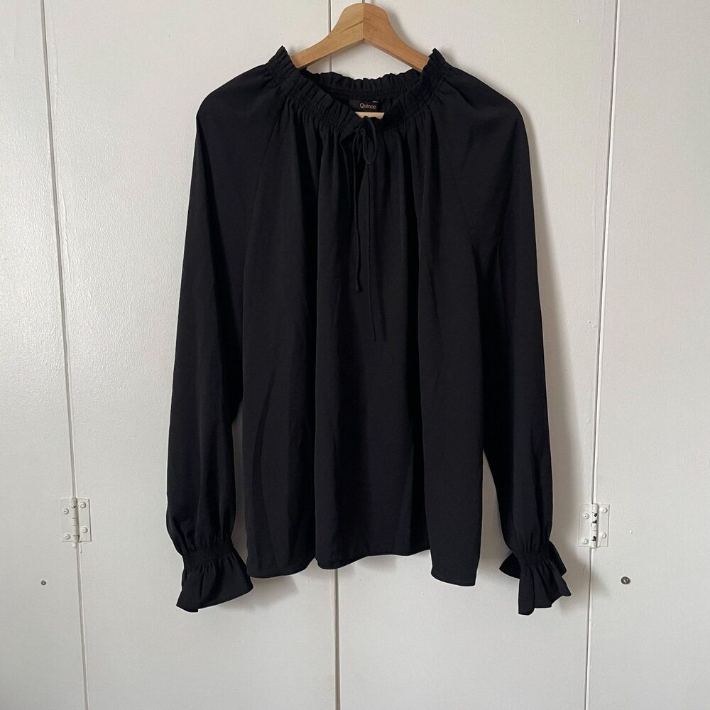 Quince Drapey Chiffon Split Neck Long Sleeve Blouse, Size XL